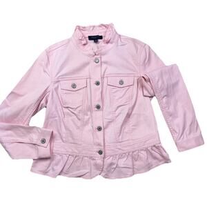 Talbots Denim Jacket Pink Barbie core Ruffle Collar Feminine Medium Romance